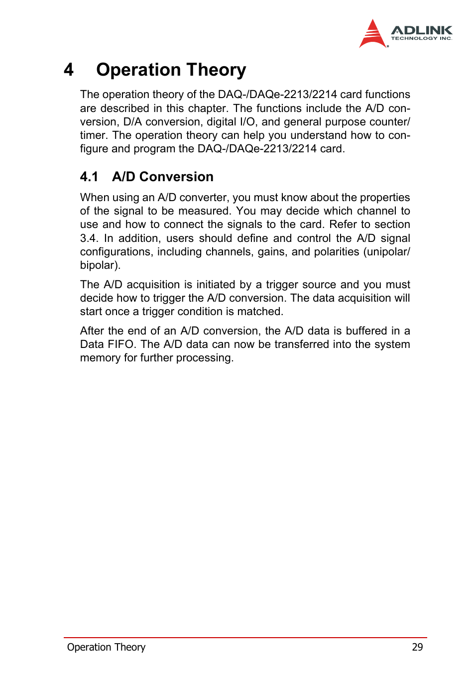4 operation theory, 1 a/d conversion, A/d conversion | 4operation theory | ADLINK DAQe-2214 User Manual | Page 41 / 94
