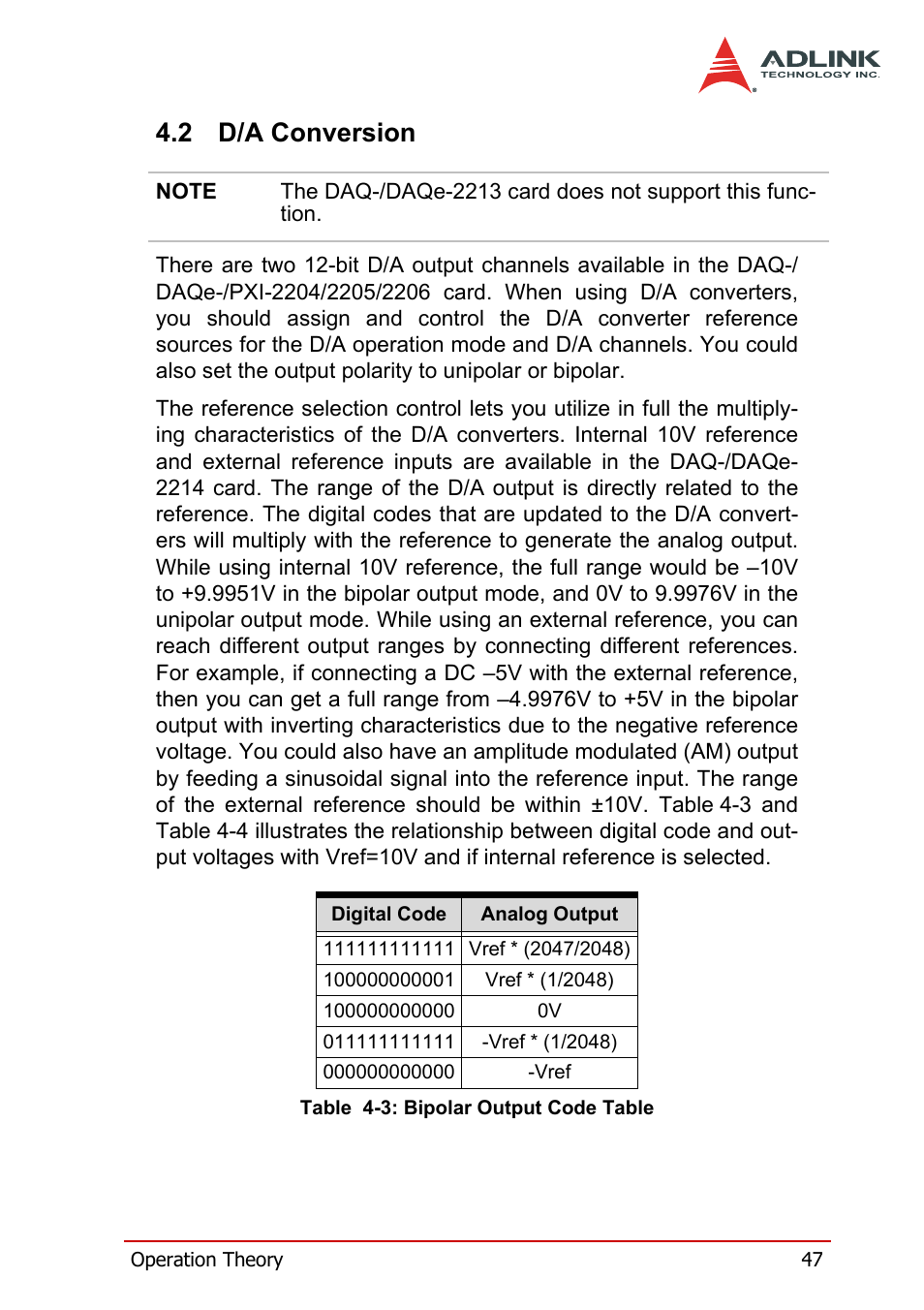 2 d/a conversion, D/a conversion, Table 4-3: bipolar output code table | ADLINK DAQe-2214 User Manual | Page 59 / 94