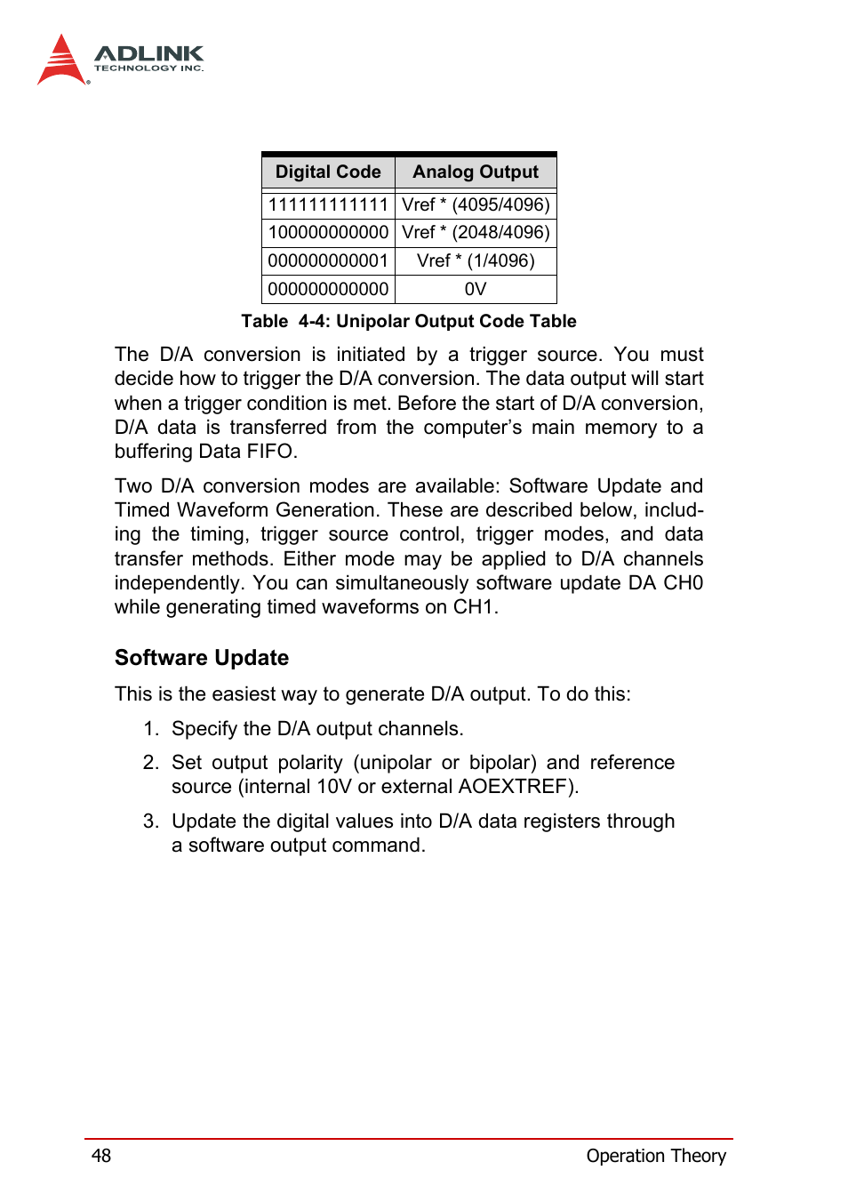 Software update, Table 4-4: unipolar output code table | ADLINK DAQe-2214 User Manual | Page 60 / 94