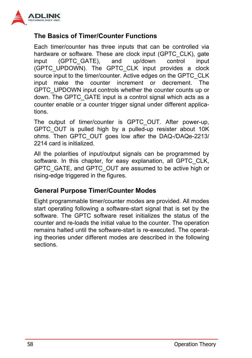 The basics of timer/counter functions, General purpose timer/counter modes | ADLINK DAQe-2214 User Manual | Page 70 / 94