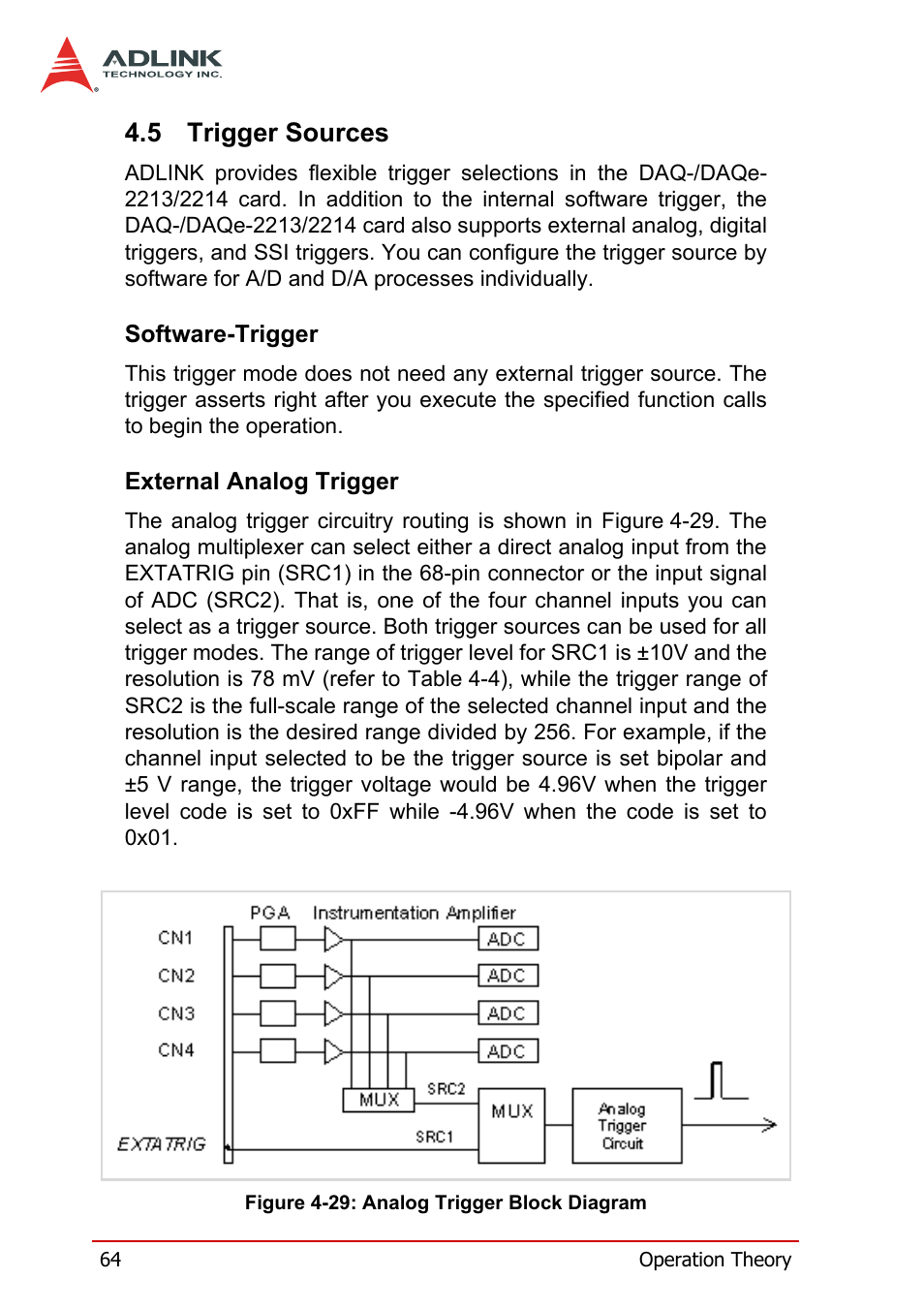 5 trigger sources, Software-trigger, External analog trigger | Trigger sources, Software-trigger external analog trigger, Figure 4-29: analog trigger block diagram | ADLINK DAQe-2214 User Manual | Page 76 / 94