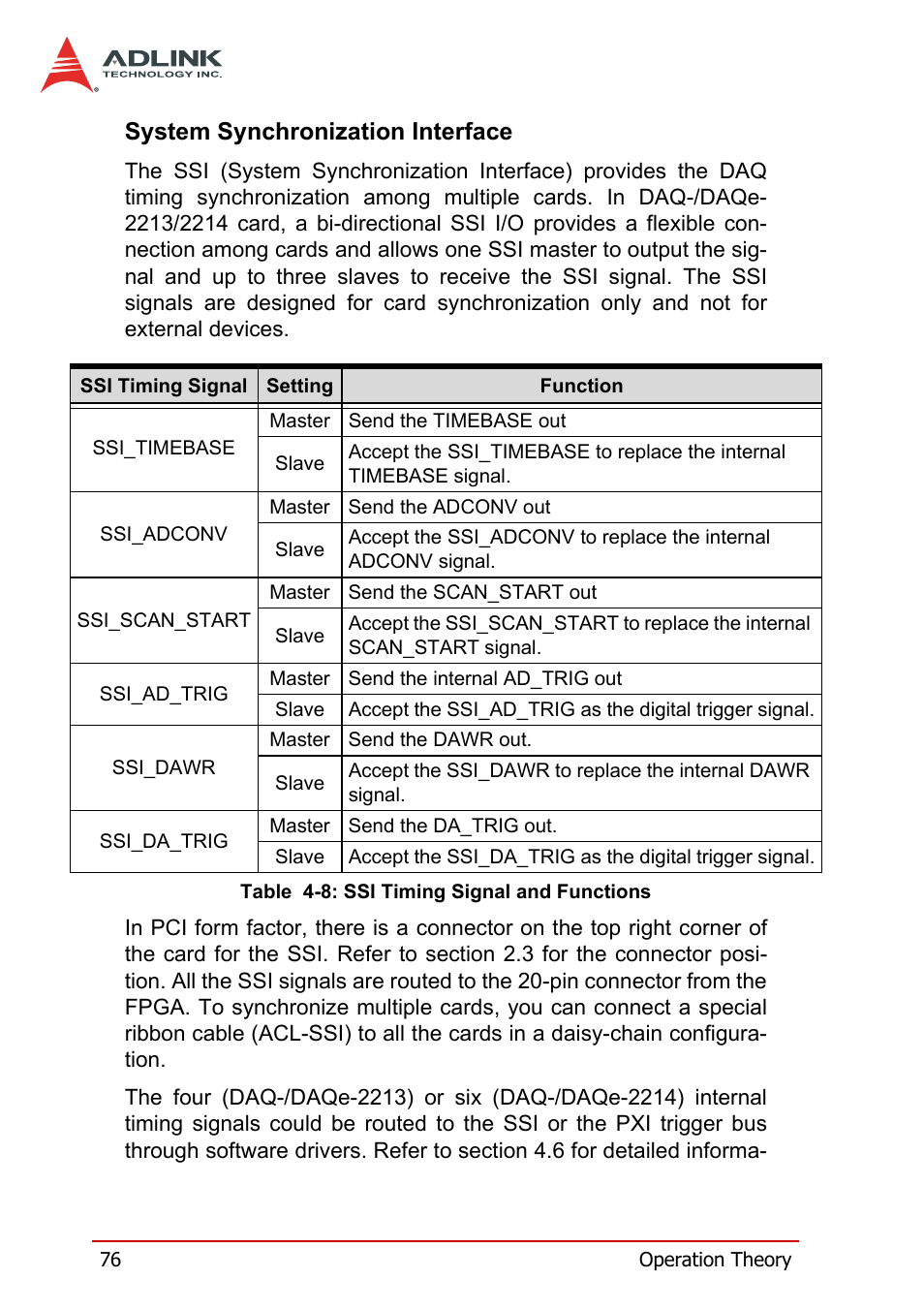 System synchronization interface, Table 4-8: ssi timing signal and functions | ADLINK DAQe-2214 User Manual | Page 88 / 94