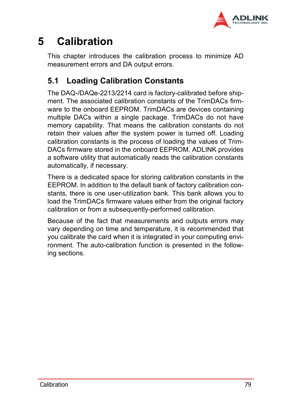 5 calibration, 1 loading calibration constants, Loading calibration constants | 5calibration | ADLINK DAQe-2214 User Manual | Page 91 / 94