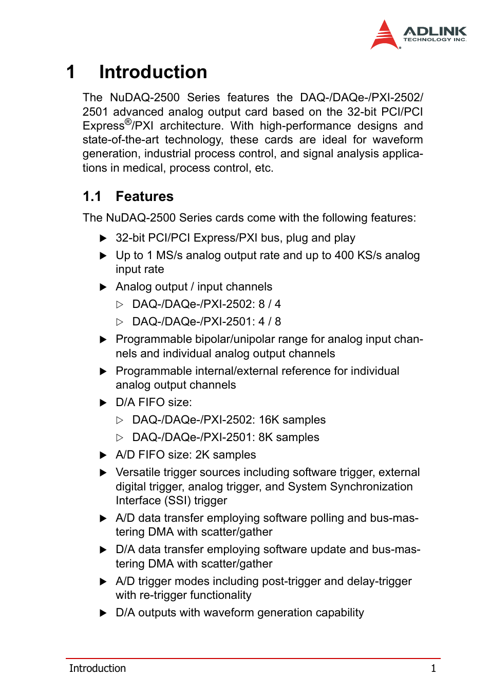 1 introduction, 1 features, Features | 1introduction | ADLINK DAQe-2502 User Manual | Page 11 / 74