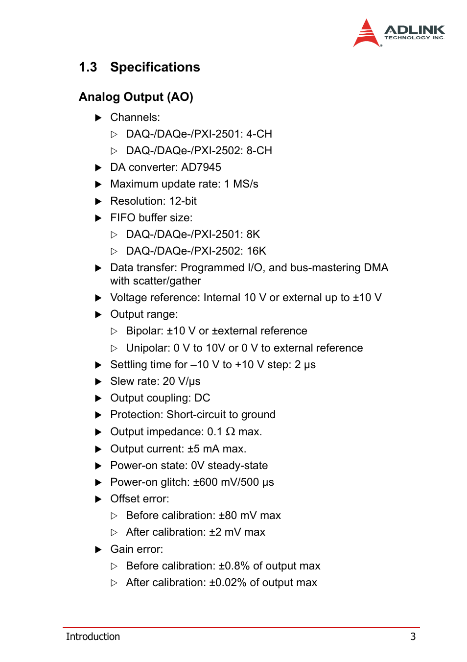 3 specifications, Analog output (ao), Specifications | ADLINK DAQe-2502 User Manual | Page 13 / 74