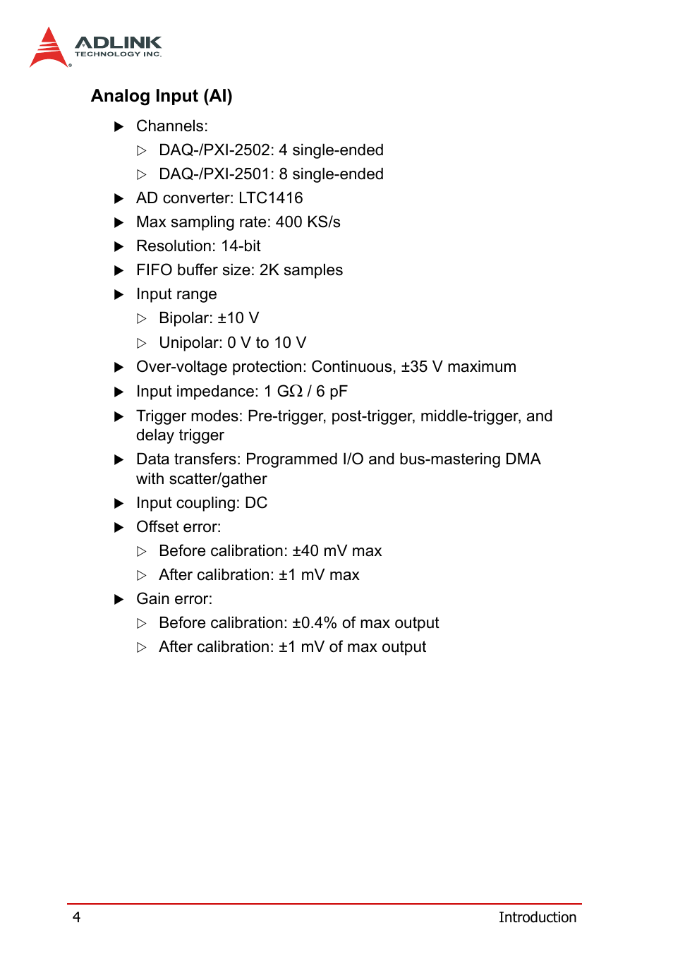 Analog input (ai) | ADLINK DAQe-2502 User Manual | Page 14 / 74