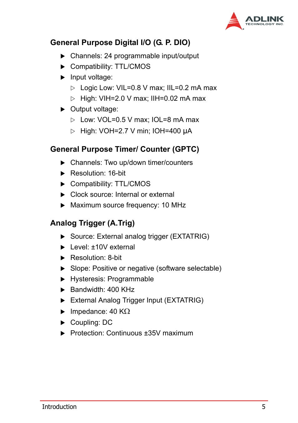 General purpose digital i/o (g. p. dio), General purpose timer/ counter (gptc), Analog trigger (a.trig) | ADLINK DAQe-2502 User Manual | Page 15 / 74