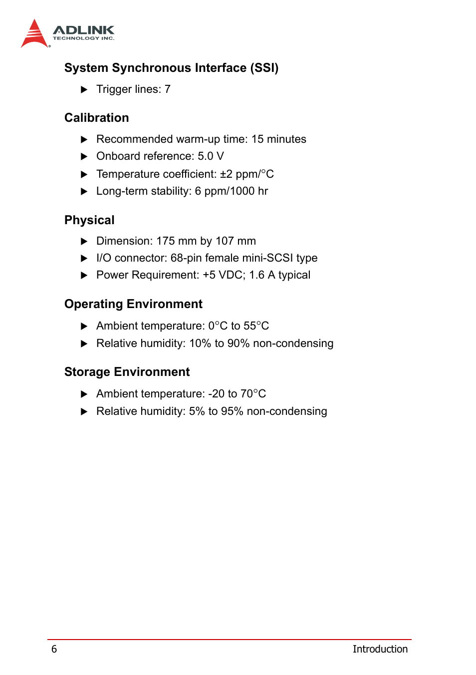 System synchronous interface (ssi), Calibration, Physical | Operating environment, Storage environment | ADLINK DAQe-2502 User Manual | Page 16 / 74