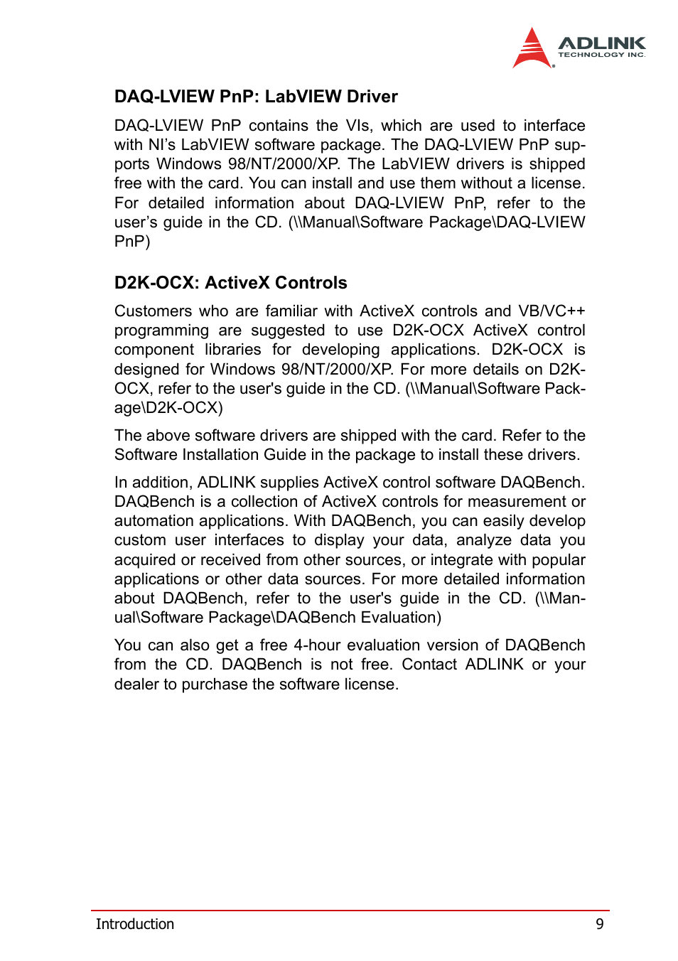 Daq-lview pnp: labview driver, D2k-ocx: activex controls | ADLINK DAQe-2502 User Manual | Page 19 / 74