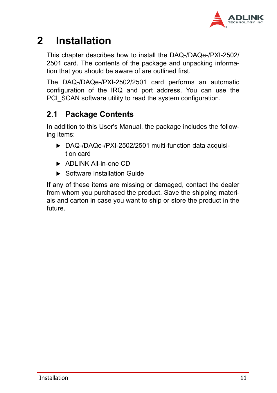 2 installation, 1 package contents, Package contents | 2installation | ADLINK DAQe-2502 User Manual | Page 21 / 74