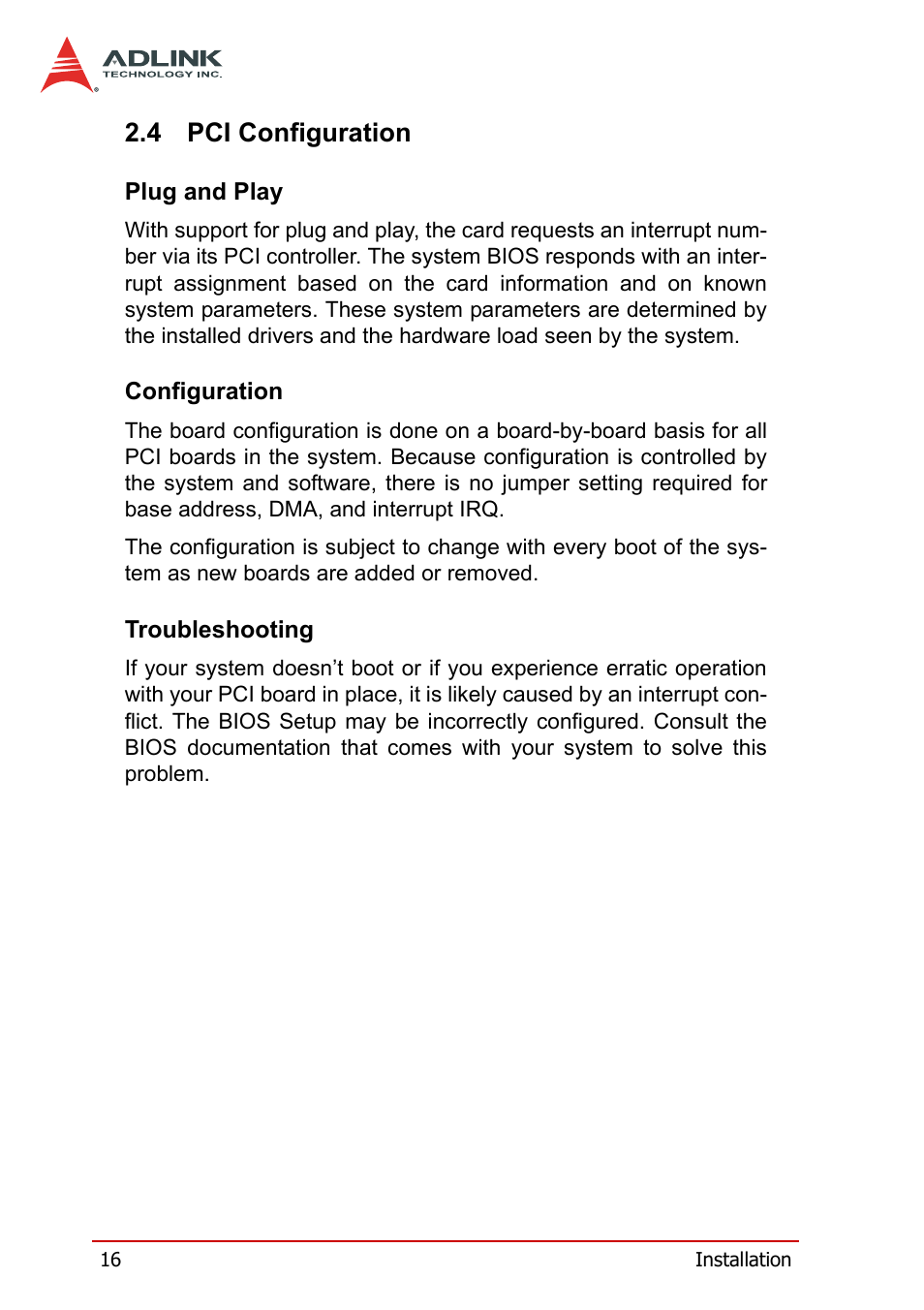 4 pci configuration, Plug and play, Configuration | Troubleshooting, Pci configuration, Plug and play configuration troubleshooting | ADLINK DAQe-2502 User Manual | Page 26 / 74