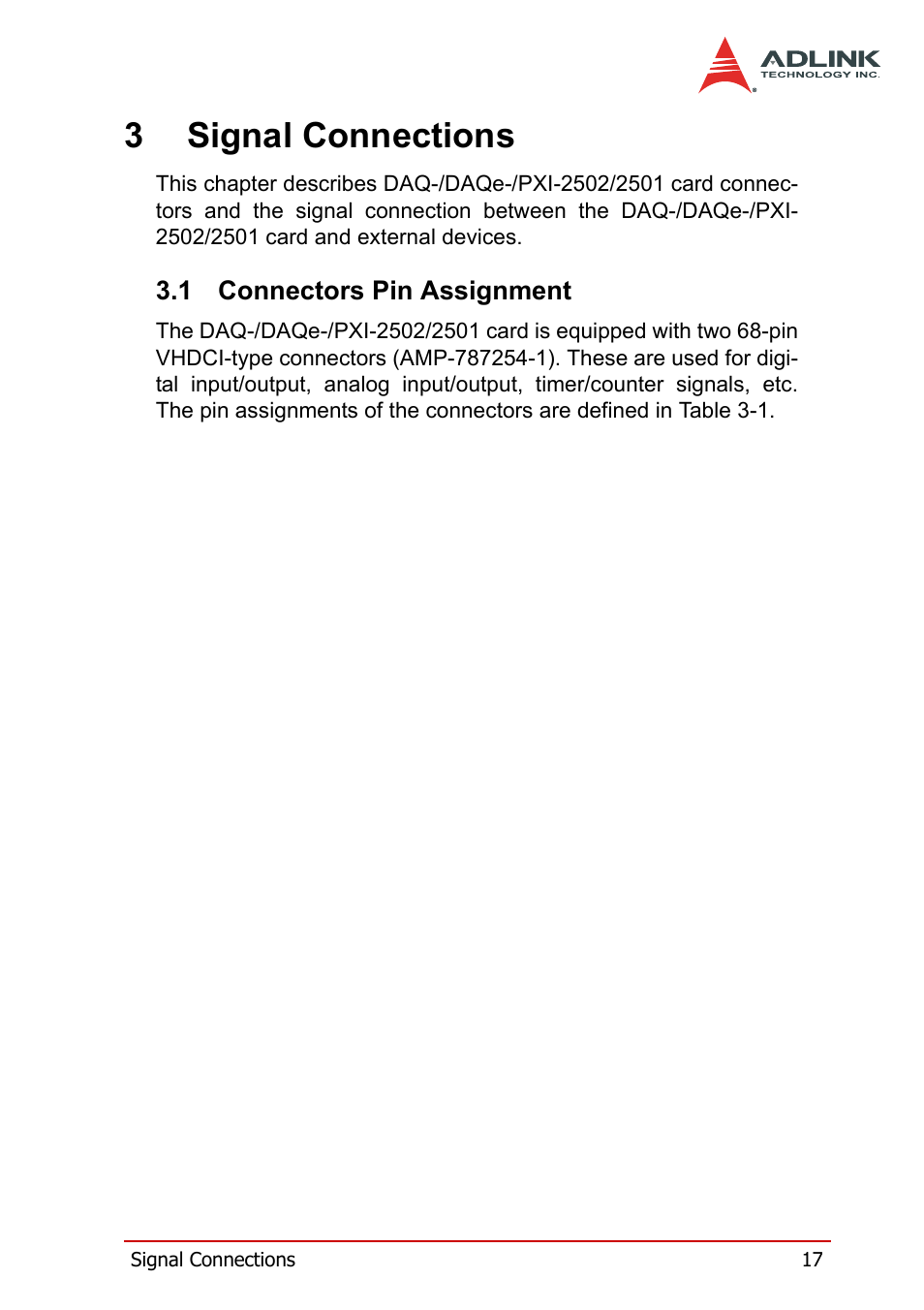 3 signal connections, 1 connectors pin assignment, Connectors pin assignment | 3signal connections | ADLINK DAQe-2502 User Manual | Page 27 / 74