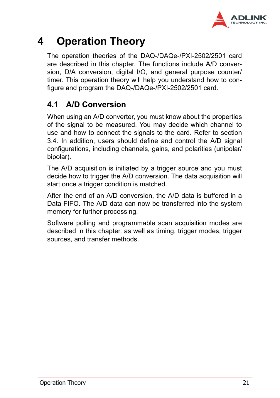 4 operation theory, 1 a/d conversion, A/d conversion | 4operation theory | ADLINK DAQe-2502 User Manual | Page 31 / 74