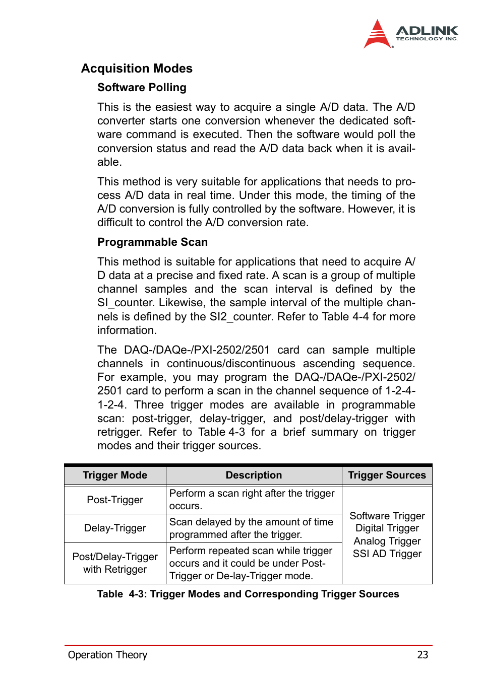 Acquisition modes, Table 4-3: trigger modes and, Corresponding trigger sources | ADLINK DAQe-2502 User Manual | Page 33 / 74