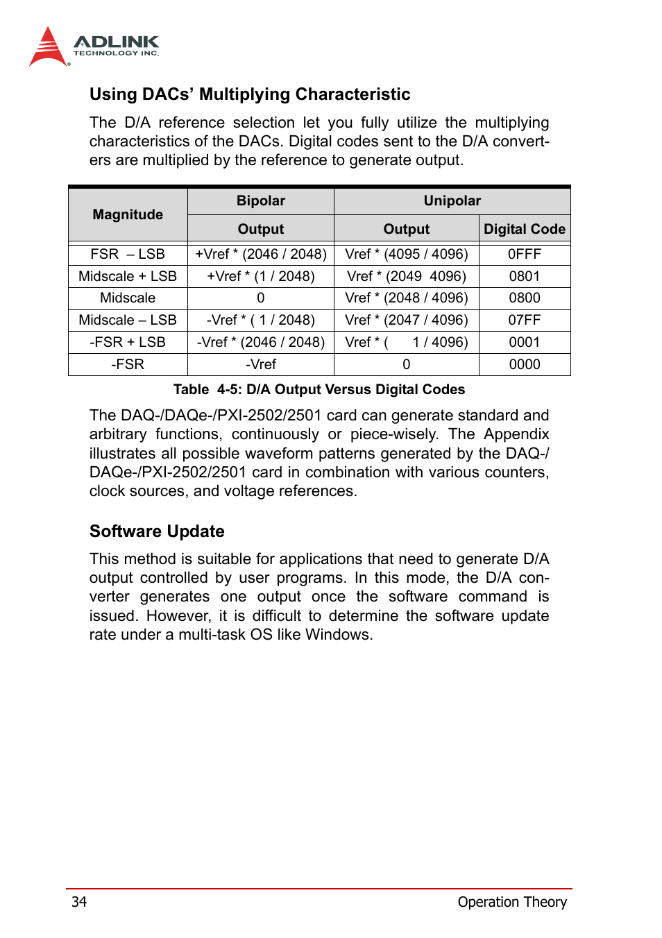 Using dacs’ multiplying characteristic, Software update, Table 4-5: d/a output versus digital codes | ADLINK DAQe-2502 User Manual | Page 44 / 74