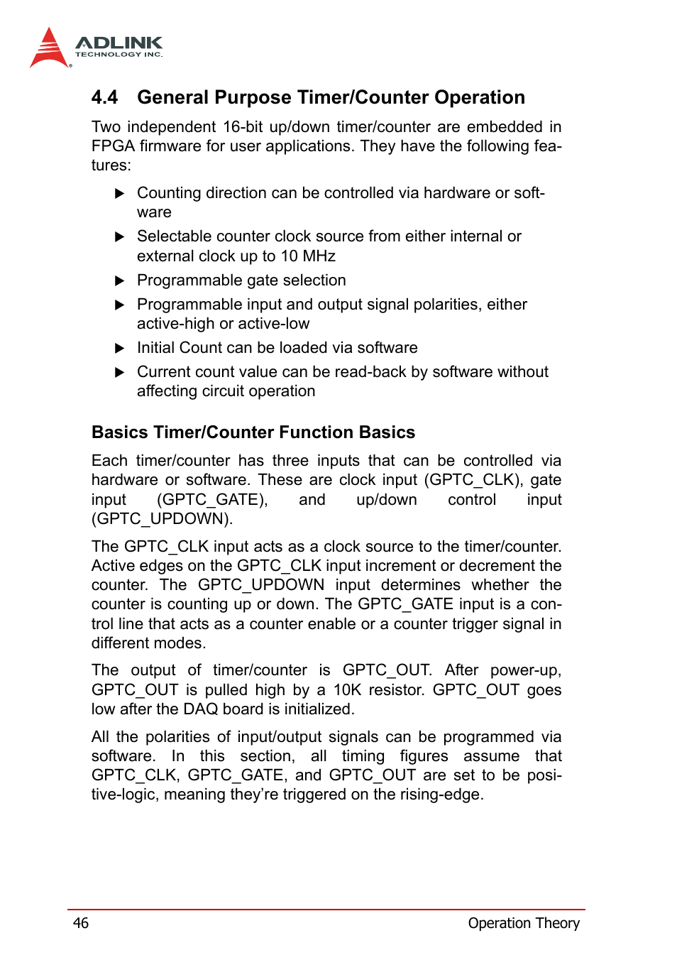 4 general purpose timer/counter operation, Basics timer/counter function basics, General purpose timer/counter operation | ADLINK DAQe-2502 User Manual | Page 56 / 74