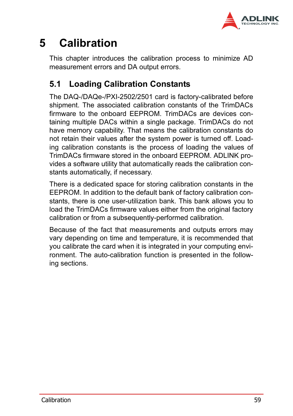 5 calibration, 1 loading calibration constants, Loading calibration constants | 5calibration | ADLINK DAQe-2502 User Manual | Page 69 / 74