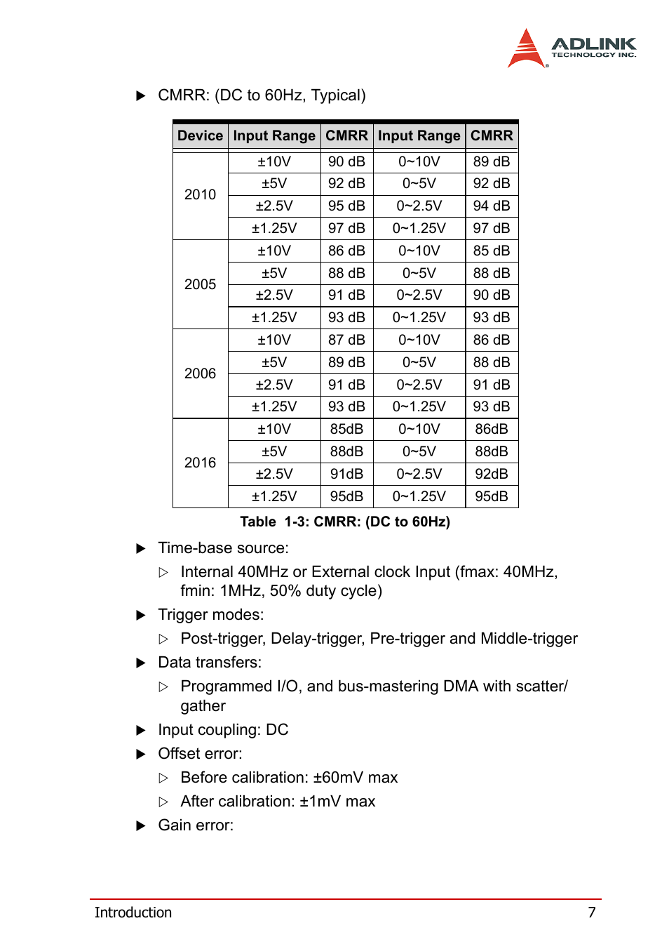 Table 1-3: cmrr: (dc to 60hz) | ADLINK PXI-2006 User Manual | Page 17 / 84