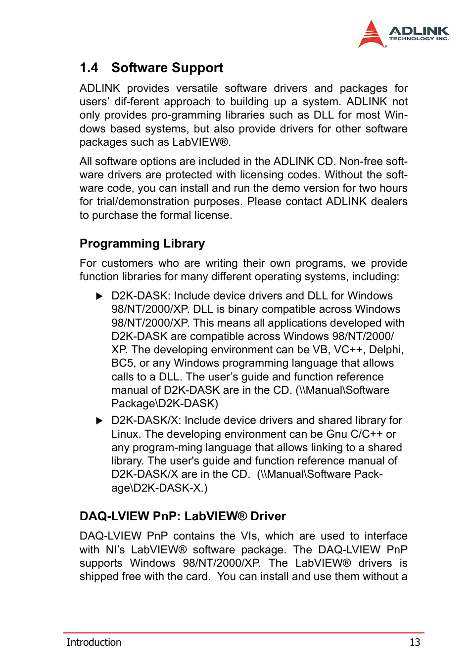 4 software support, Programming library, Daq-lview pnp: labview® driver | Software support, Programming library daq-lview pnp: labview® driver | ADLINK PXI-2006 User Manual | Page 23 / 84