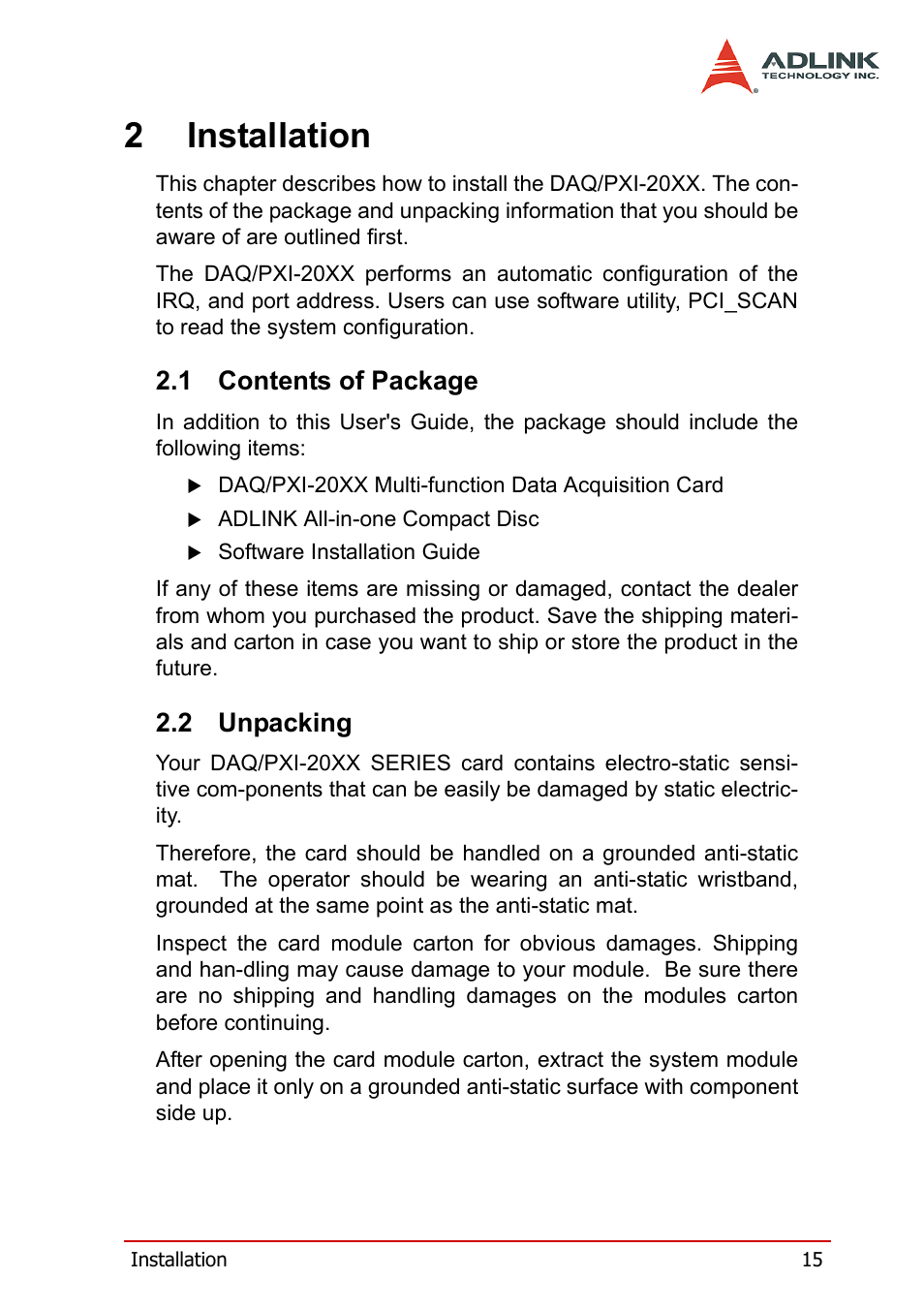 2 installation, 1 contents of package, 2 unpacking | Contents of package, Unpacking, 2installation | ADLINK PXI-2006 User Manual | Page 25 / 84