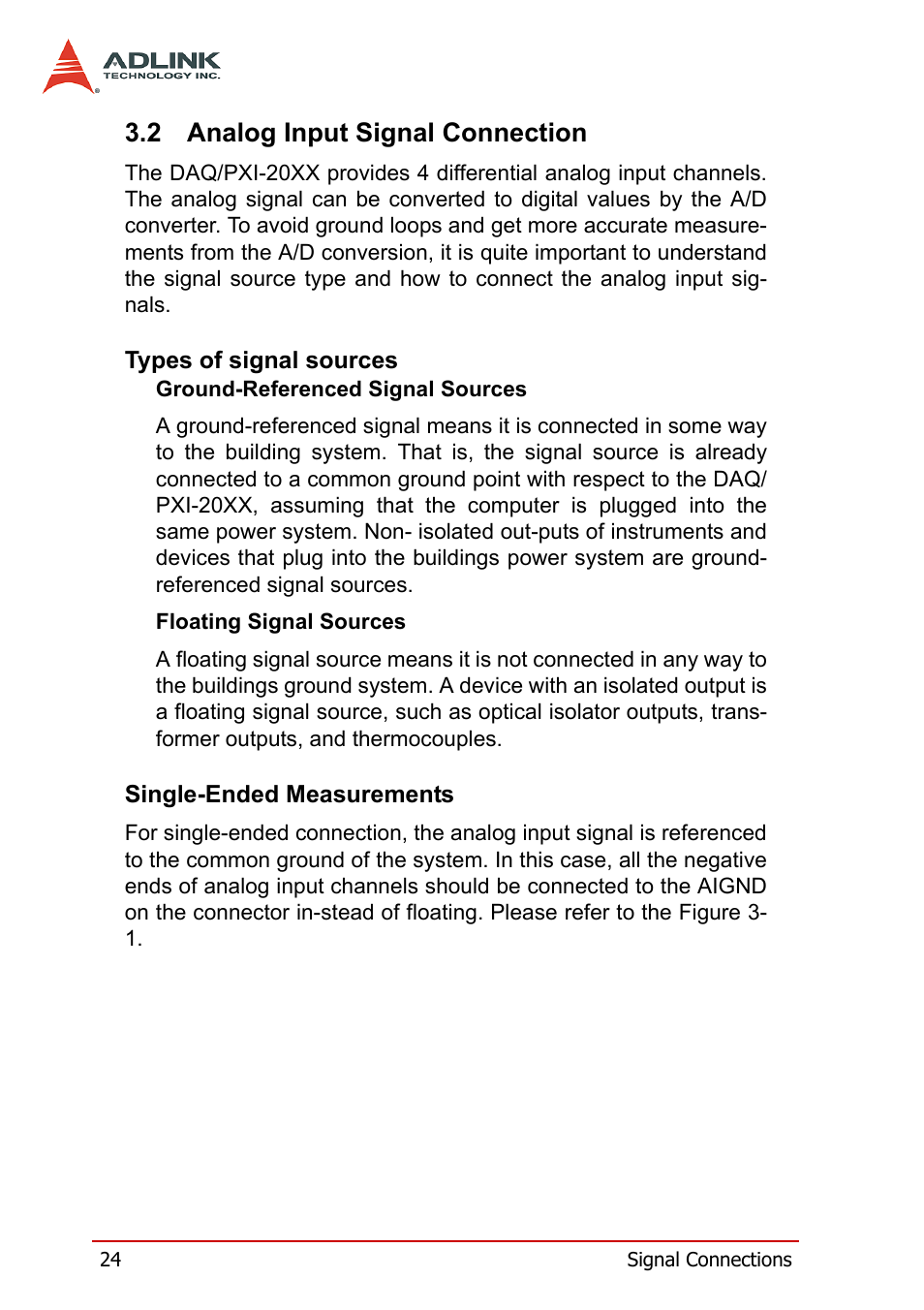 2 analog input signal connection, Types of signal sources, Single-ended measurements | Analog input signal connection, Types of signal sources single-ended measurements | ADLINK PXI-2006 User Manual | Page 34 / 84
