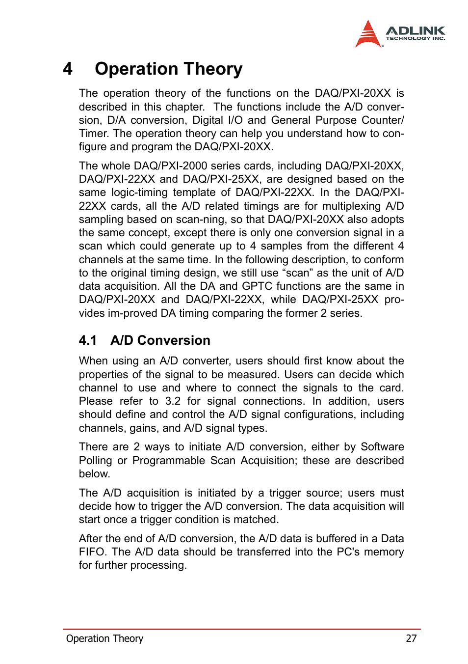 4 operation theory, 1 a/d conversion, A/d conversion | 4operation theory | ADLINK PXI-2006 User Manual | Page 37 / 84