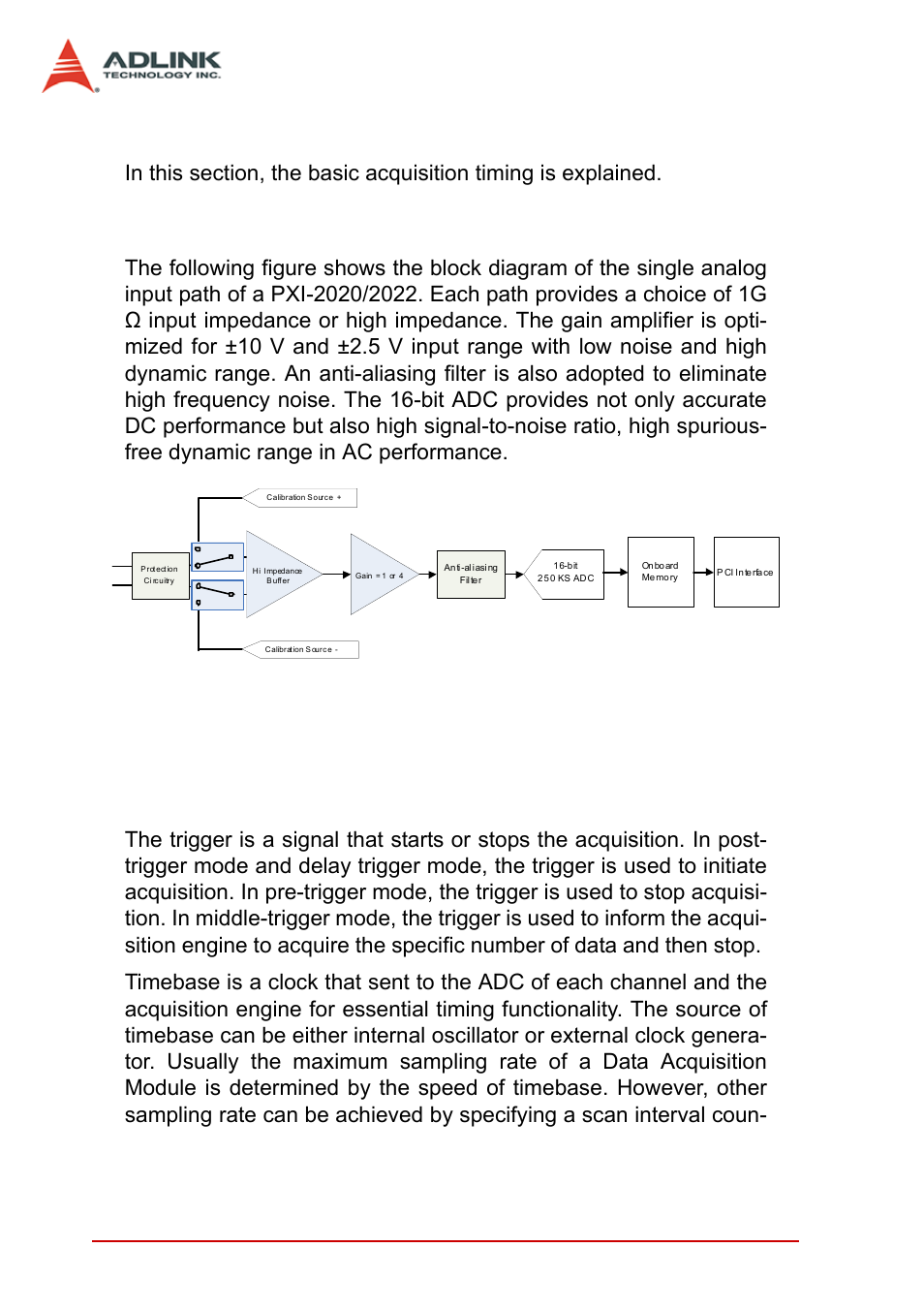 2 basic ai acquisition, 1 analog input path, 2 basic acquisition timing | Basic ai acquisition, Analog input path basic acquisition timing, Figure 4-2: pxi-2020/2022 analog input path, 24 function block and operation theory | ADLINK PXI-2022 User Manual | Page 32 / 60