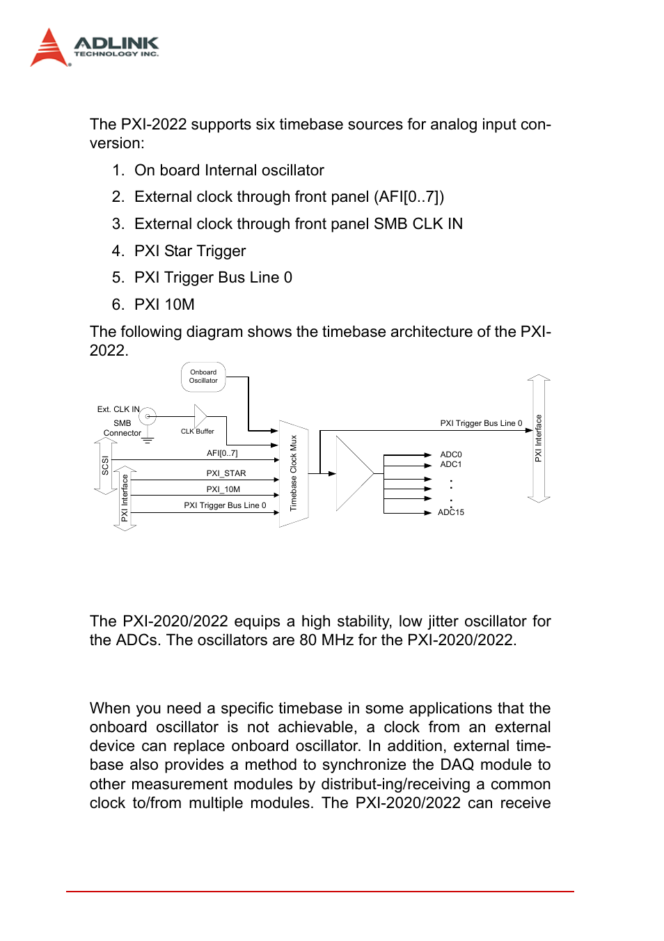 3 adc sampling rate and timebase control, 1 internal oscillator, 2 external clock through front panel | Adc sampling rate and timebase control, 28 function block and operation theory | ADLINK PXI-2022 User Manual | Page 36 / 60