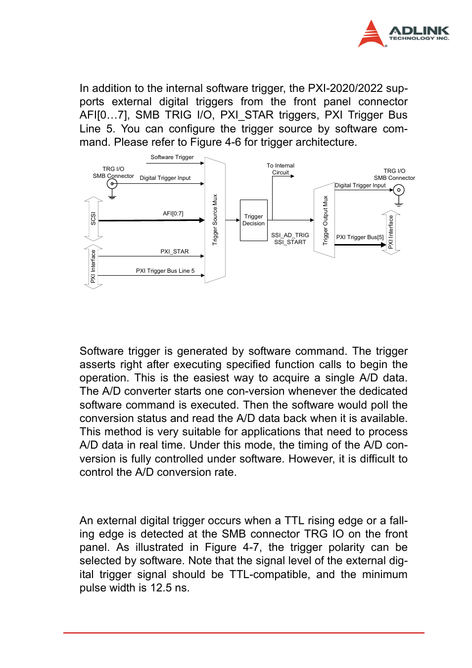 4 trigger sources, 1 software trigger, 2 external digital trigger | Trigger sources, Software trigger external digital trigger, Figure 4-6: pxi-2020/2022 trigger sources, Function block and operation theory 31 | ADLINK PXI-2022 User Manual | Page 39 / 60
