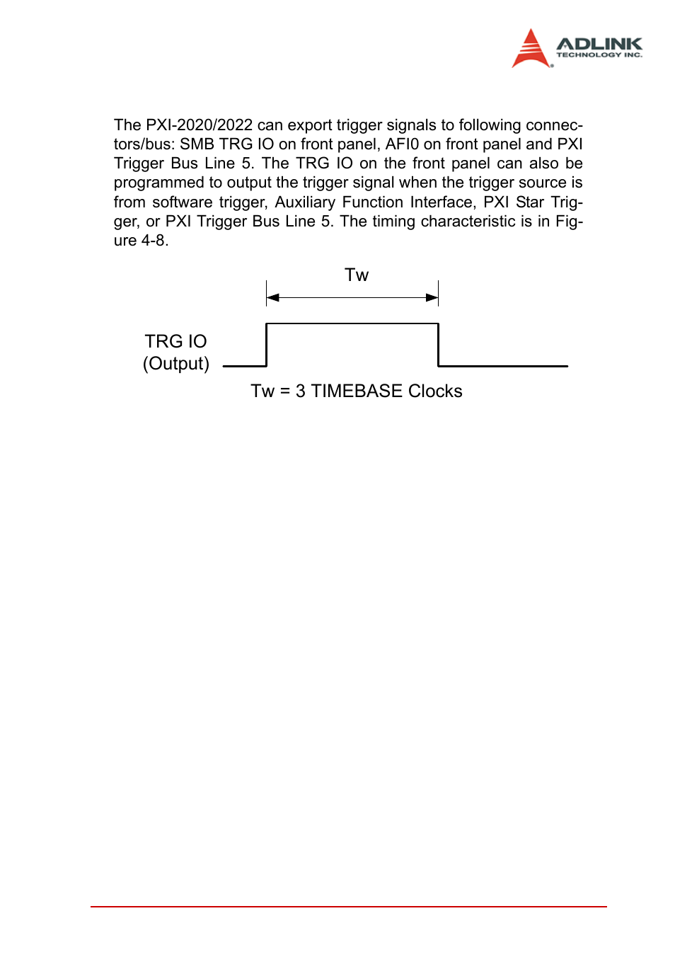 5 trigger signal exporting, Trigger signal exporting, Figure 4-8: trg io output signal timing | ADLINK PXI-2022 User Manual | Page 41 / 60