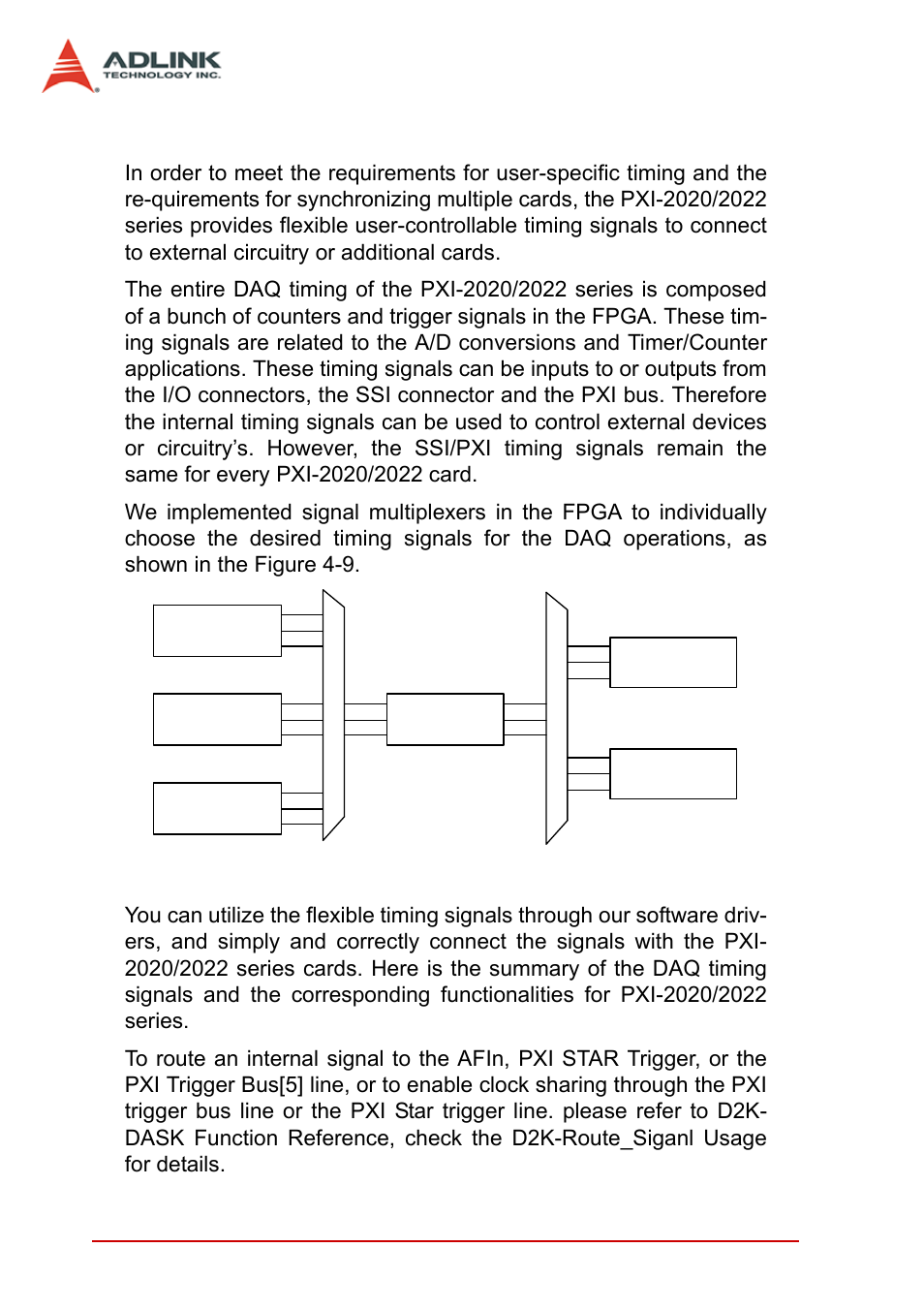 5 user-controllable timing signals, User-controllable timing signals, Figure 4-9: daq signal routing | ADLINK PXI-2022 User Manual | Page 42 / 60