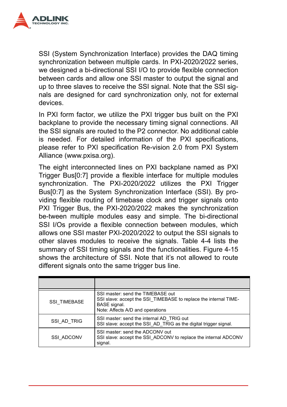 7 synchronizing multiple modules, Synchronizing multiple modules, Table 4-4: ssi timing | ADLINK PXI-2022 User Manual | Page 48 / 60