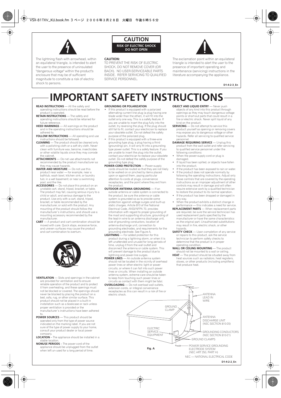 Important safety instructions, Caution | Classe Audio VSX-81TXV-S User Manual | Page 3 / 84