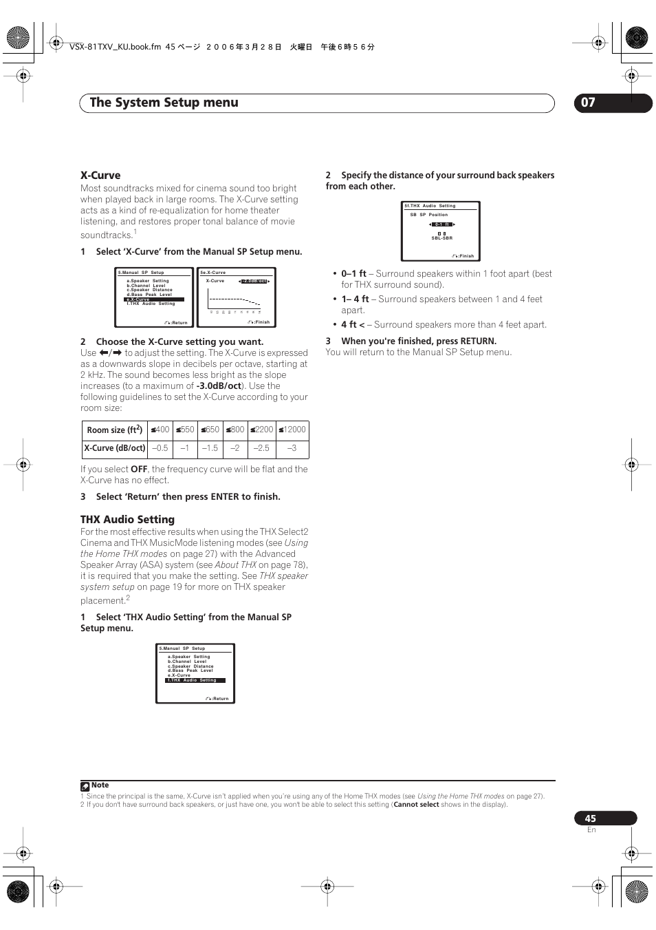 X-curve thx audio setting, The system setup menu 07, X-curve | Thx audio setting | Classe Audio VSX-81TXV-S User Manual | Page 45 / 84