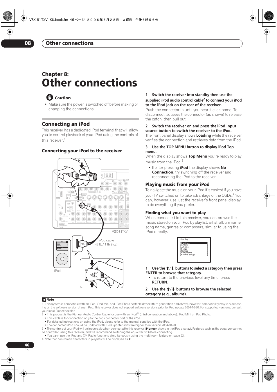 08 other connections, Connecting an ipod, Other connections | Other connections 08, Chapter 8, Connecting your ipod to the receiver, Playing music from your ipod, Finding what you want to play, Caution, Ipod | Classe Audio VSX-81TXV-S User Manual | Page 46 / 84