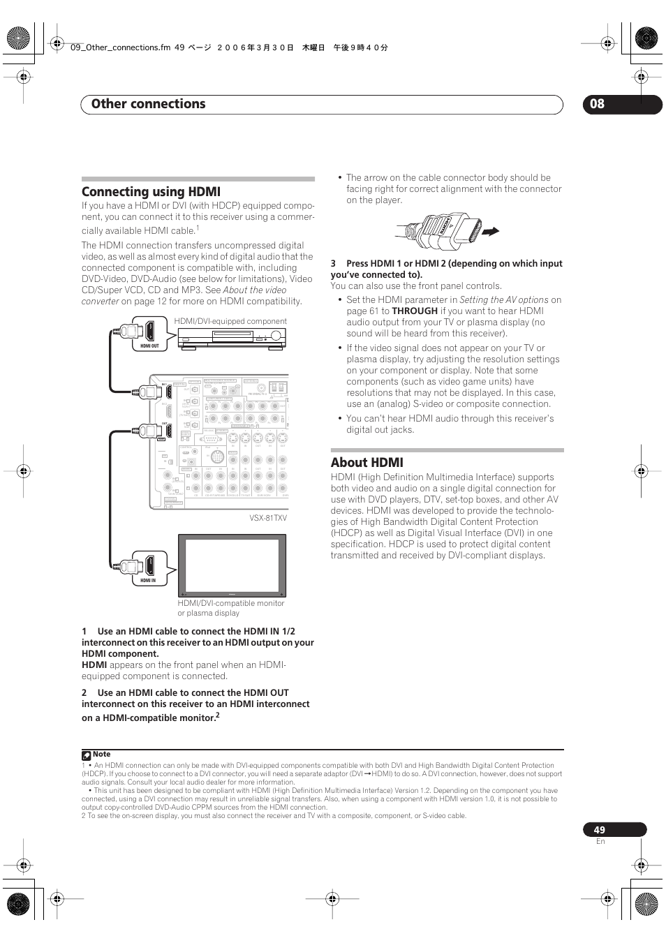 Connecting using hdmi about hdmi, Other connections 08, Connecting using hdmi | About hdmi | Classe Audio VSX-81TXV-S User Manual | Page 49 / 84