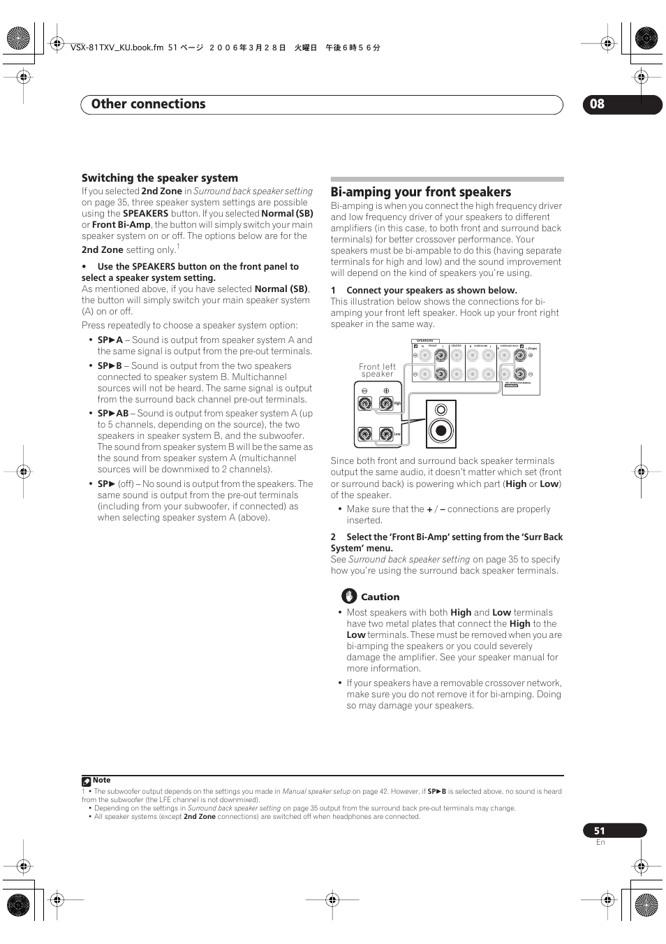 Switching the speaker system, Bi-amping your front speakers, Other connections 08 | Classe Audio VSX-81TXV-S User Manual | Page 51 / 84