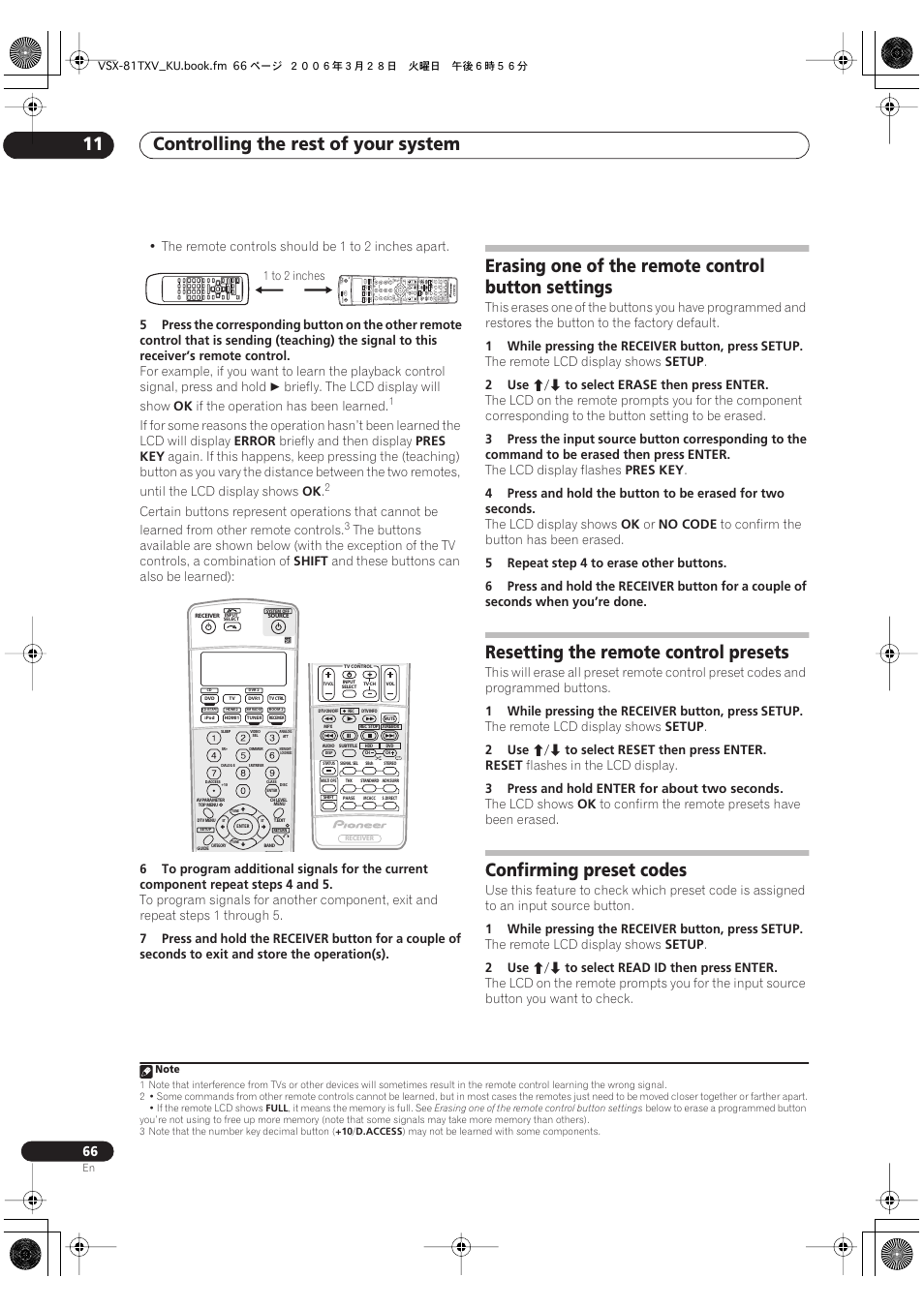Controlling the rest of your system 11, Erasing one of the remote control button settings, Resetting the remote control presets | Confirming preset codes | Classe Audio VSX-81TXV-S User Manual | Page 66 / 84