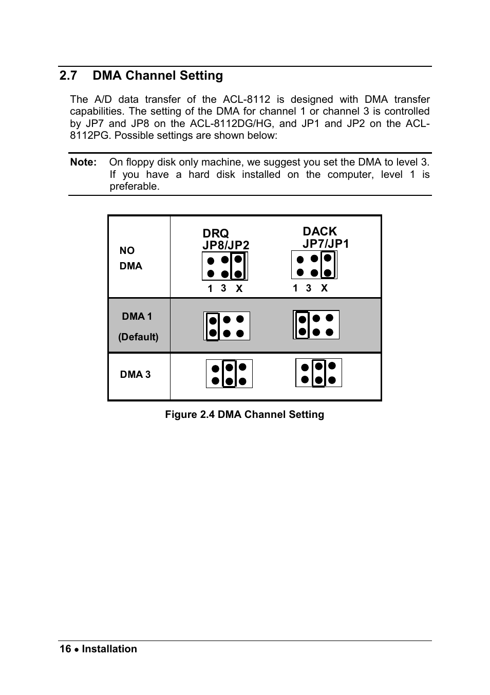 7 dma channel setting, Dack, Jp7/jp1 drq | Jp8/jp2 | ADLINK ACL-8112 Series User Manual | Page 24 / 93
