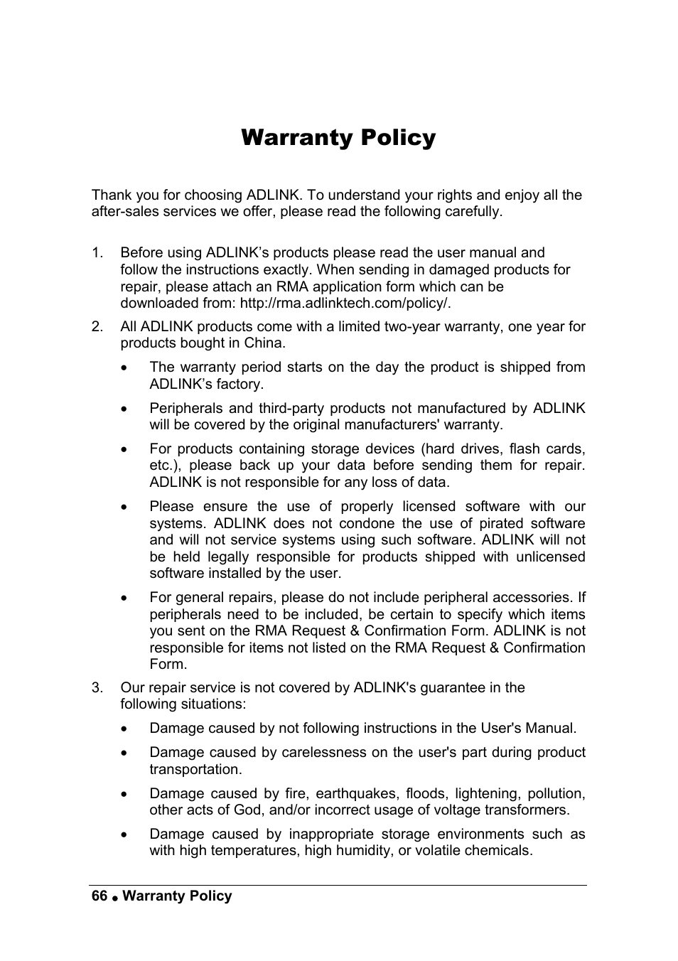 Warranty policy | ADLINK ACL-8216 User Manual | Page 74 / 75
