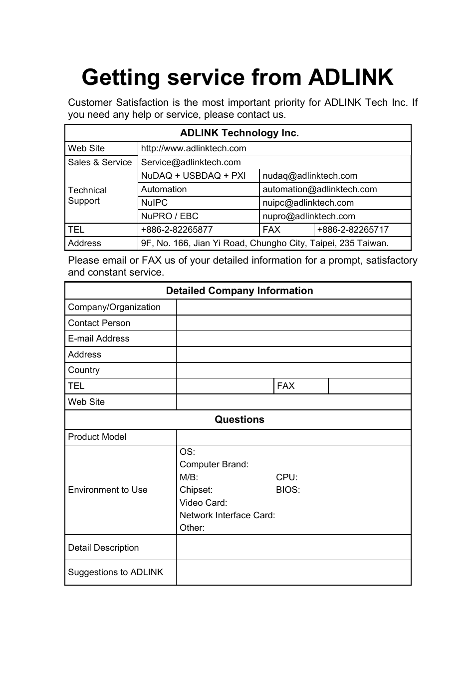 Getting service from adlink | ADLINK ACL-8111 User Manual | Page 4 / 61