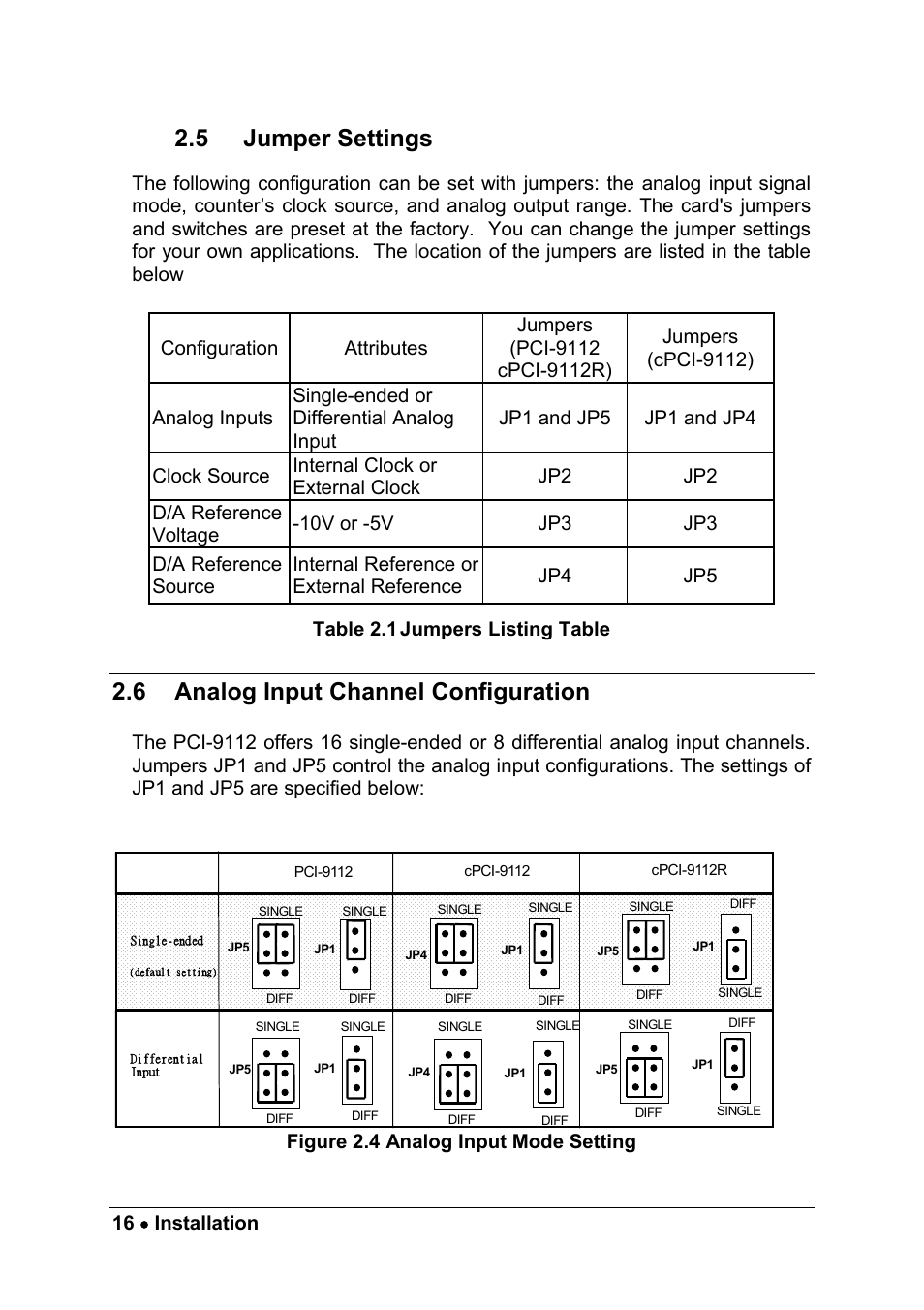 5 jumper settings, 6 analog input channel configuration, 16 • installation | Figure 2.4 analog input mode setting | ADLINK PCM-9112+ User Manual | Page 24 / 94