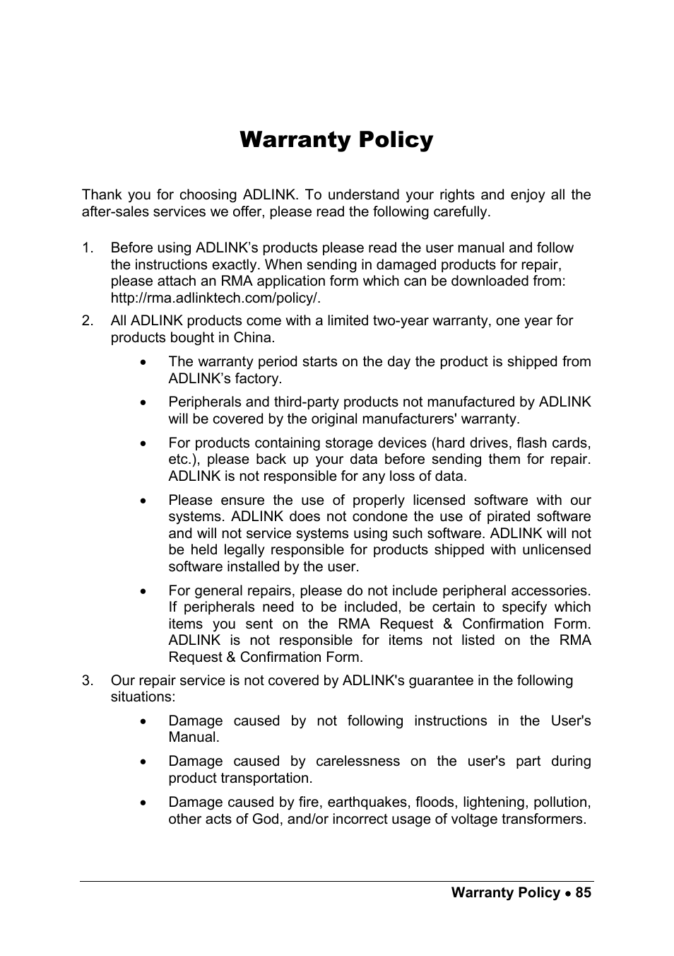 Warranty policy | ADLINK PCM-9112+ User Manual | Page 93 / 94
