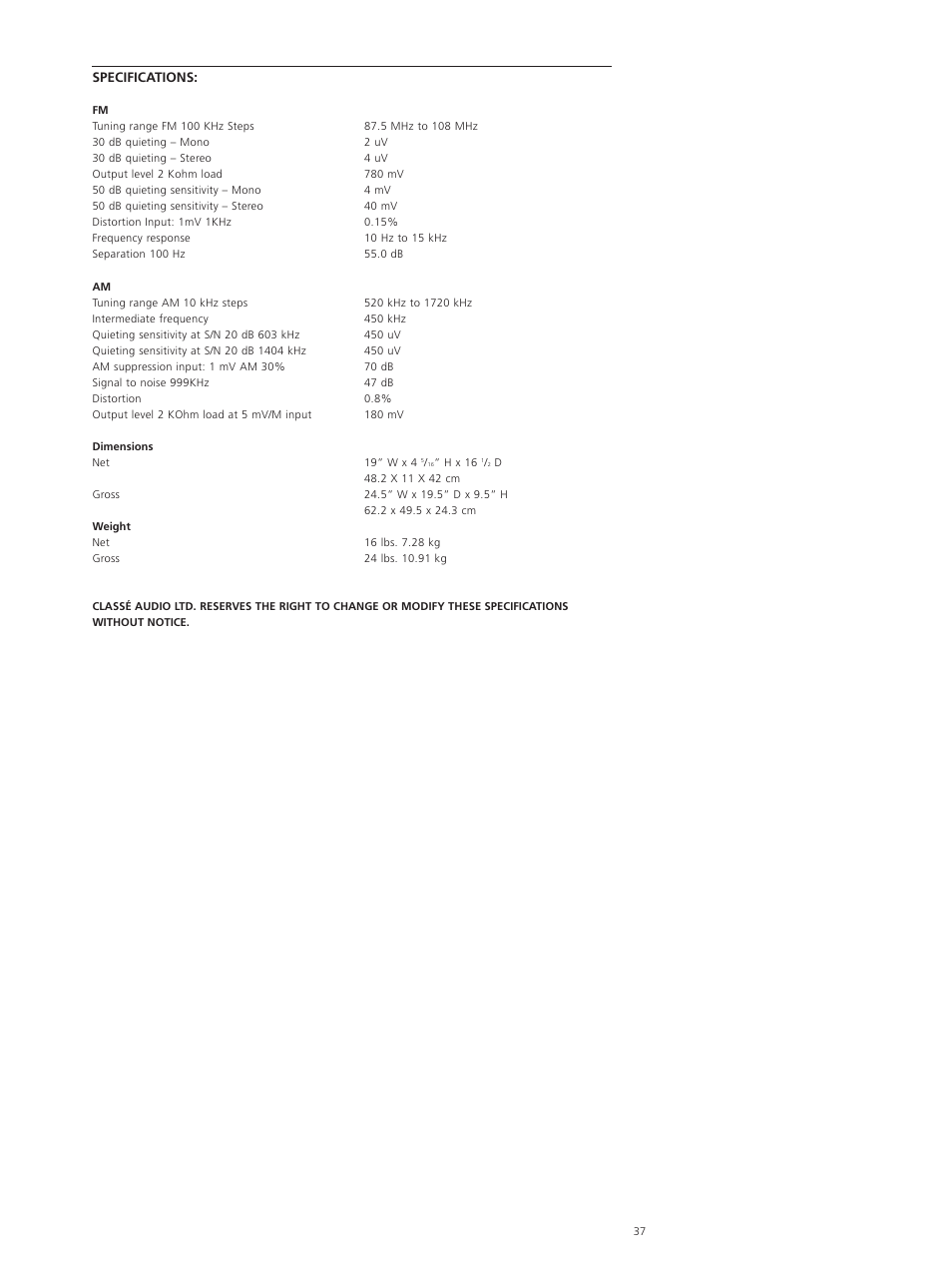Classe Audio CT-10 User Manual | Page 39 / 39