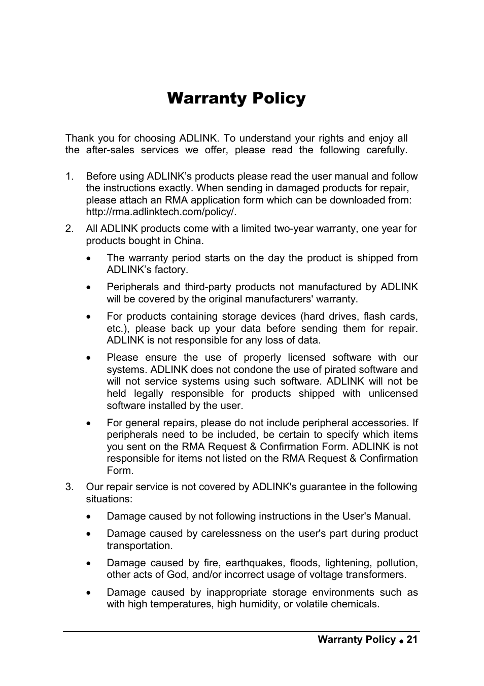 Warranty policy | ADLINK ACL-6126 User Manual | Page 27 / 28