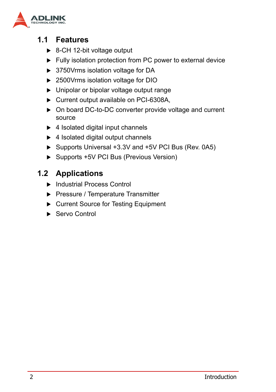 1 features, 2 applications, Features | Applications | ADLINK PCM-6308V+ User Manual | Page 12 / 52