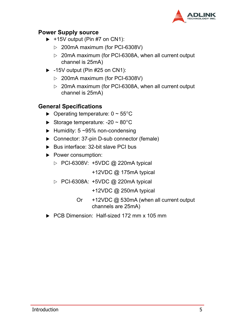 Power supply source, General specifications, Power supply source general specifications | ADLINK PCM-6308V+ User Manual | Page 15 / 52