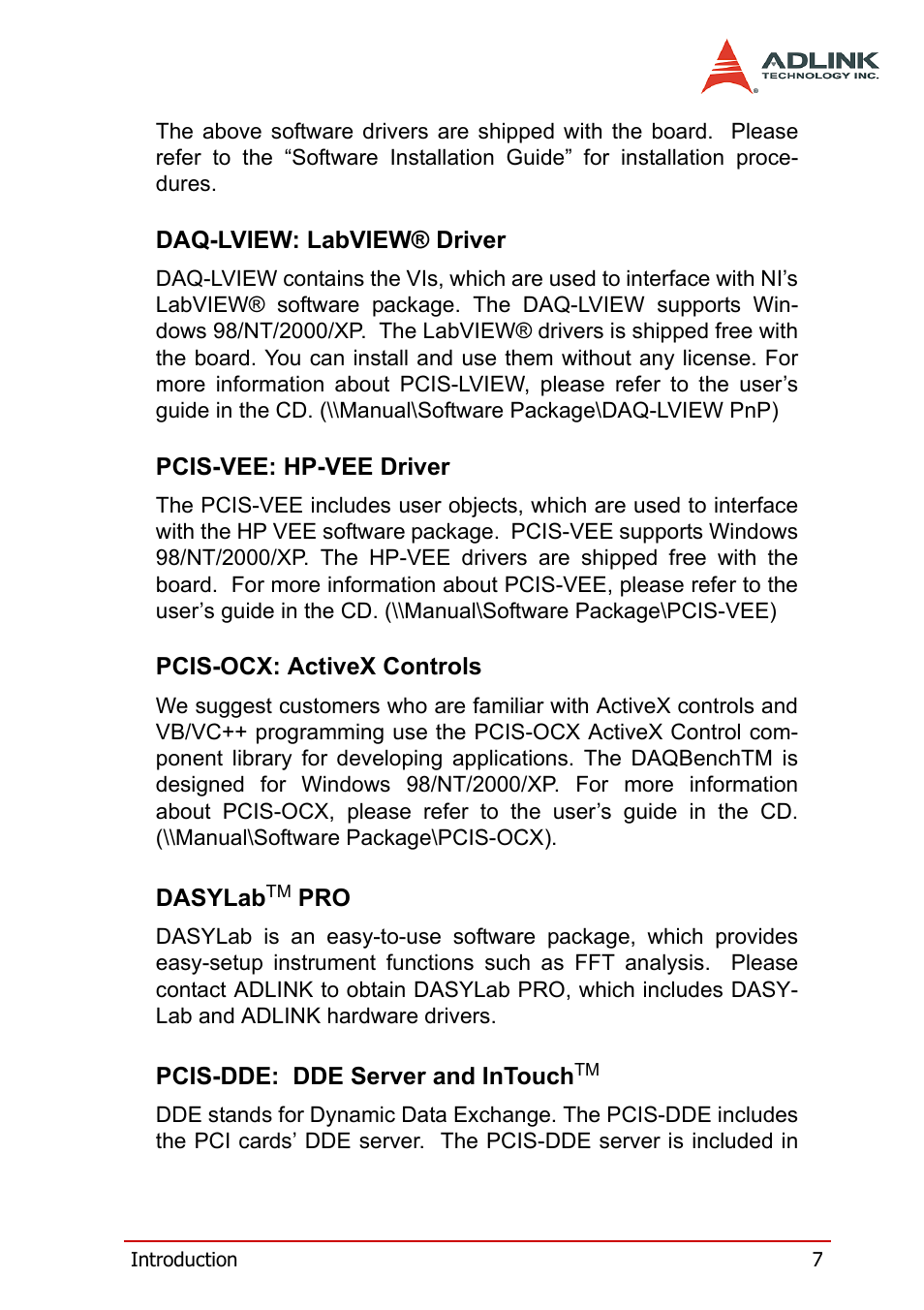 Daq-lview: labview® driver, Pcis-vee: hp-vee driver, Pcis-ocx: activex controls | Dasylabtm pro, Pcis-dde: dde server and intouchtm | ADLINK PCM-6308V+ User Manual | Page 17 / 52