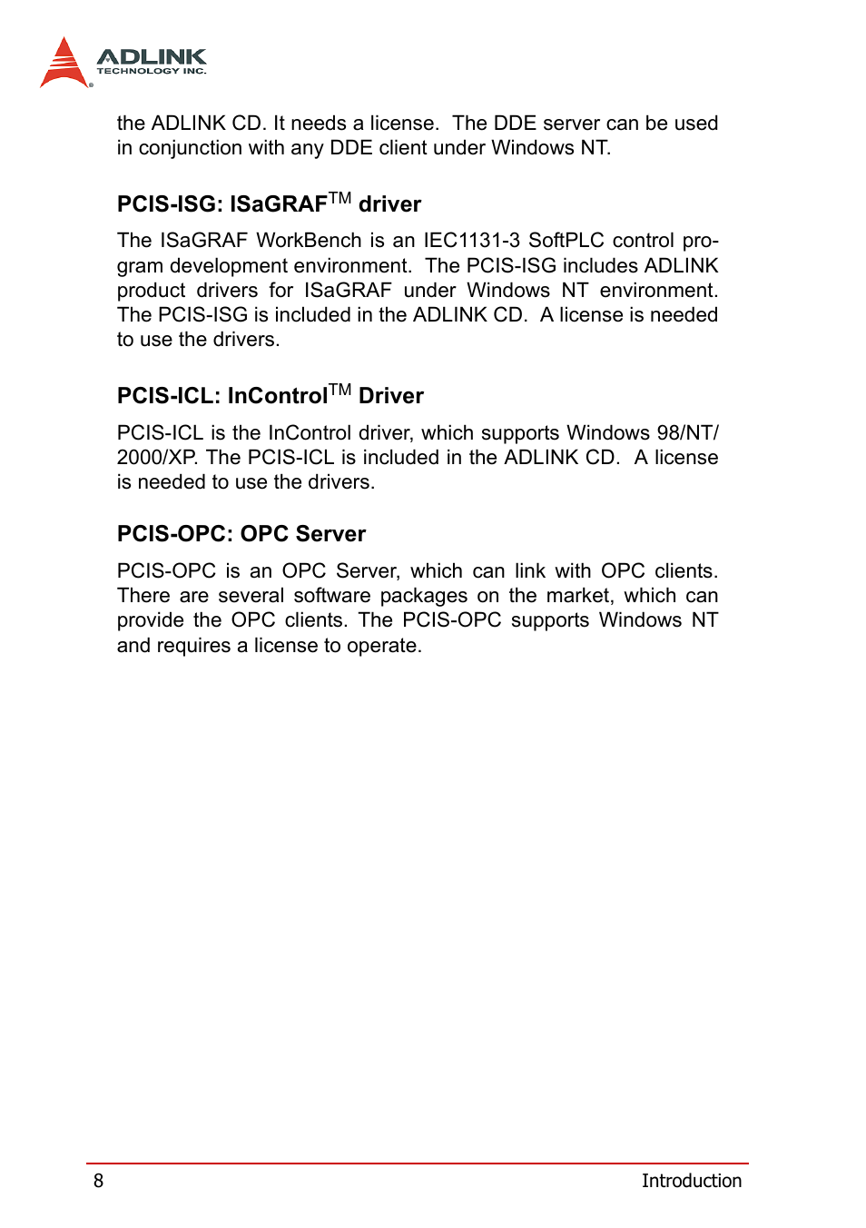 Pcis-isg: isagraftm driver, Pcis-icl: incontroltm driver, Pcis-opc: opc server | ADLINK PCM-6308V+ User Manual | Page 18 / 52