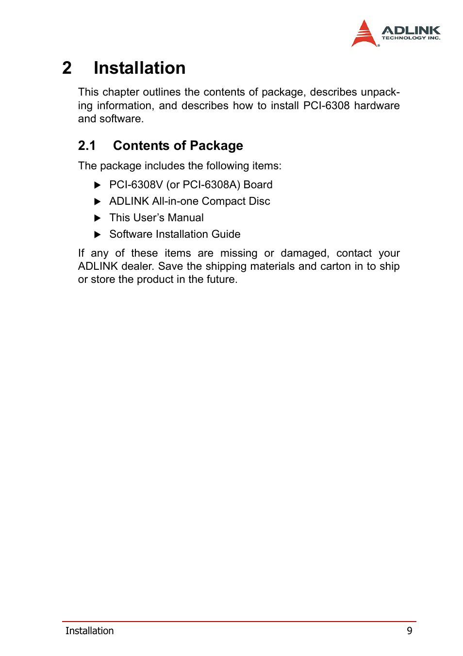 2 installation, 1 contents of package, Contents of package | 2installation | ADLINK PCM-6308V+ User Manual | Page 19 / 52